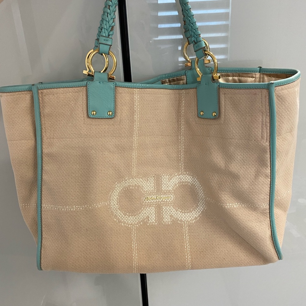 Salvatore Ferragamo,  Beige and Teal Tote Bag